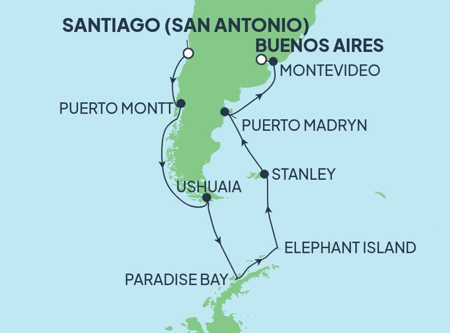 15 nights South American cruise on Norwegian Star
from ๐จ๐ฑ San Antonio to ๐ฆ๐ท Buenos Aires