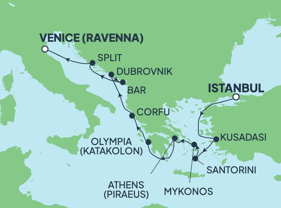 10 nights Mediterranean cruise on Norwegian Viva
from ๐น๐ท Istanbul to ๐ฎ๐น Ravenna