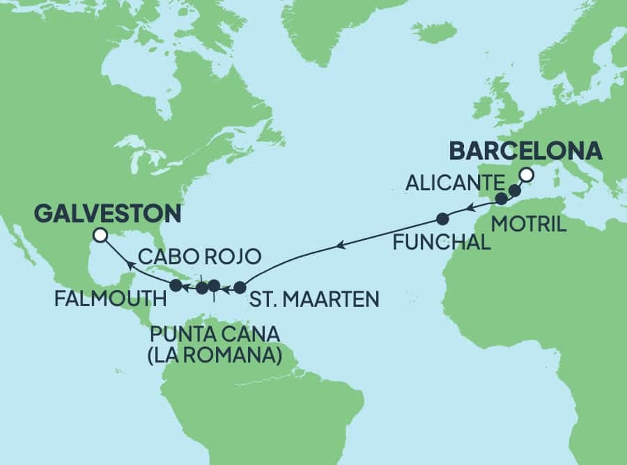 17 nights Transatlantic cruise on Norwegian Viva
from ๐ช๐ธ Barcelona to ๐บ๐ธ Galveston