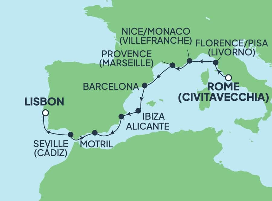 9 nights Mediterranean cruise on Norwegian Viva
from ๐ฎ๐น Civitavecchia to ๐ต๐น Lisbon