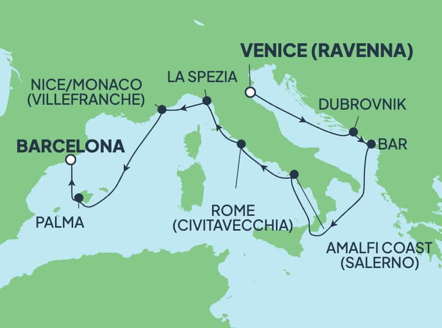 9 nights Mediterranean cruise on Norwegian Viva
from ๐ฎ๐น Ravenna to ๐ช๐ธ Barcelona